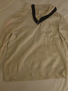 Tasso Elba Cream Zip-Front Knit Pullover with Black Trim